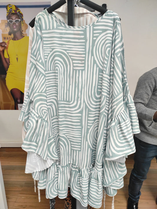 Vivo Malindi Flounce Kaftan Dress - Mint Green / White Abstract Print