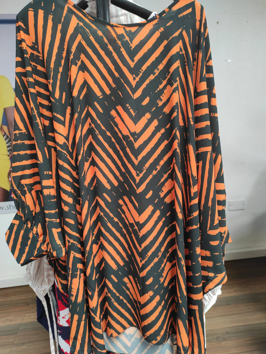 Vivo Mistari Gathered Sleeve Top - Orange / Black Abstract Print
