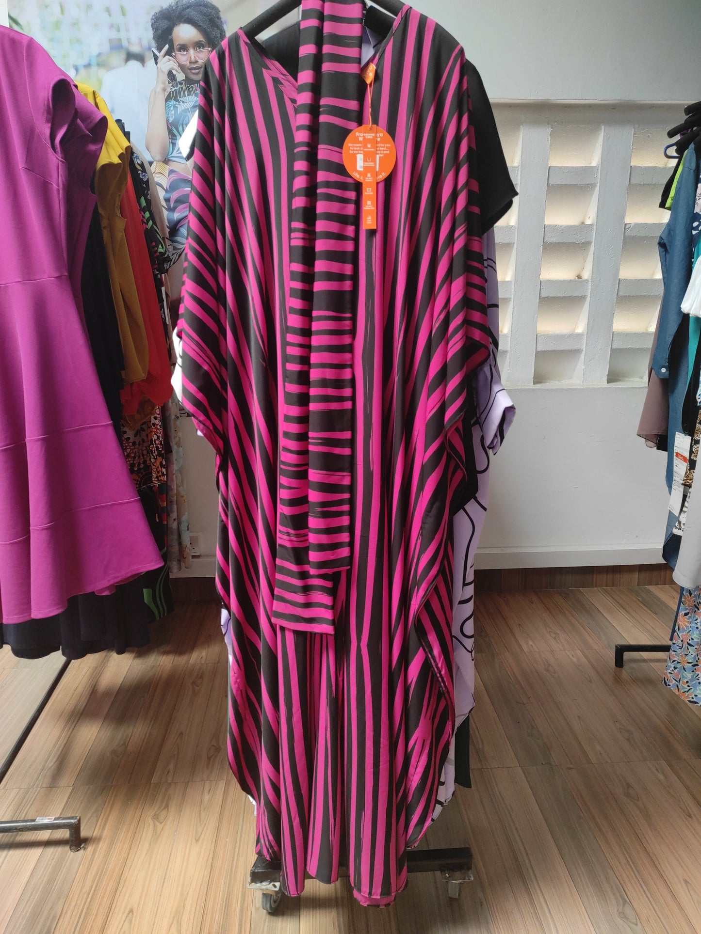 Vivo Adisa V-Neck Jumpsuit Kaftan - Pink / Black Stripes Print