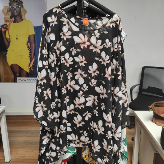 Vivo Basic Wide Loose Top - Black / Peach Floral Print
