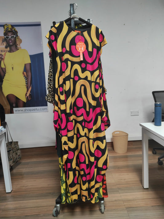 Vivo Tuni Side  Cowl Maxi Dress - Mustard / Pink Abstract Print