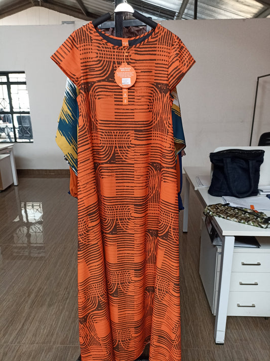 Vivo Basic Cap Sleeve Tent Maxi Dress - Orange / Brown Abstract Print