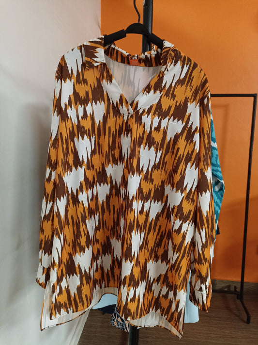 Vivo Taji Long Sleeve V-Neck Tunic Top - Brown / Mustard Ikat Abstract Print