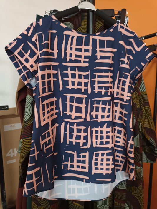 Vivo Zahari Cap Sleeve Top - Navy Blue / Pink Geometric Print