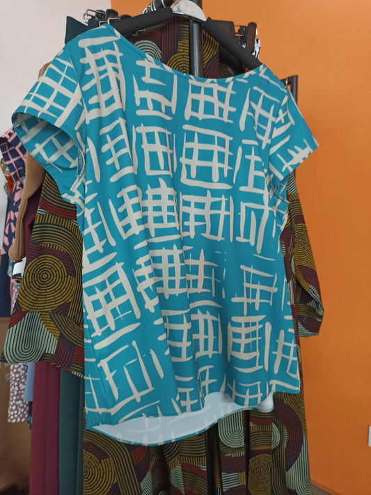 Vivo Zahari Cap Sleeve Top - Teal / Taupe Geometric Print