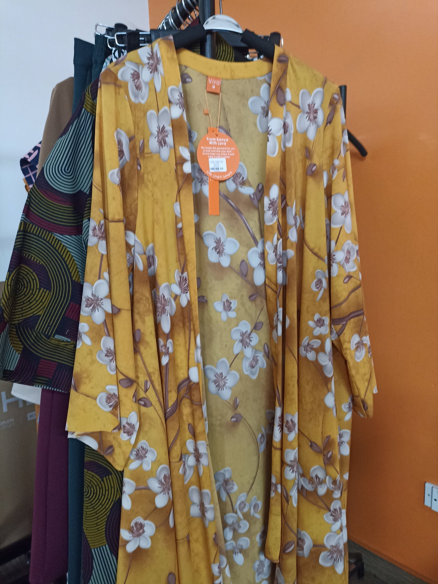 Vivo Maisha Long Sleeve High Low Kimono - Mustard / Taupe Floral Print