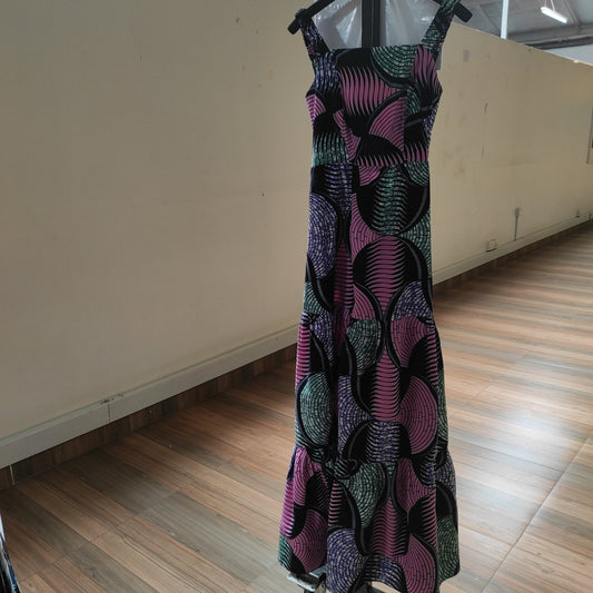 Safari Anga Strappy Tie Back Maxi Dress - Pink / Green Ankara Print
