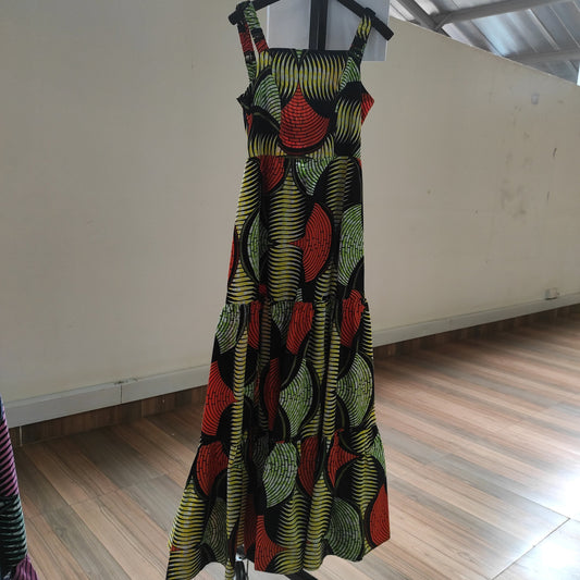 Safari Anga Strappy Tie Back Maxi Dress - Yellow / Orange Ankara Print