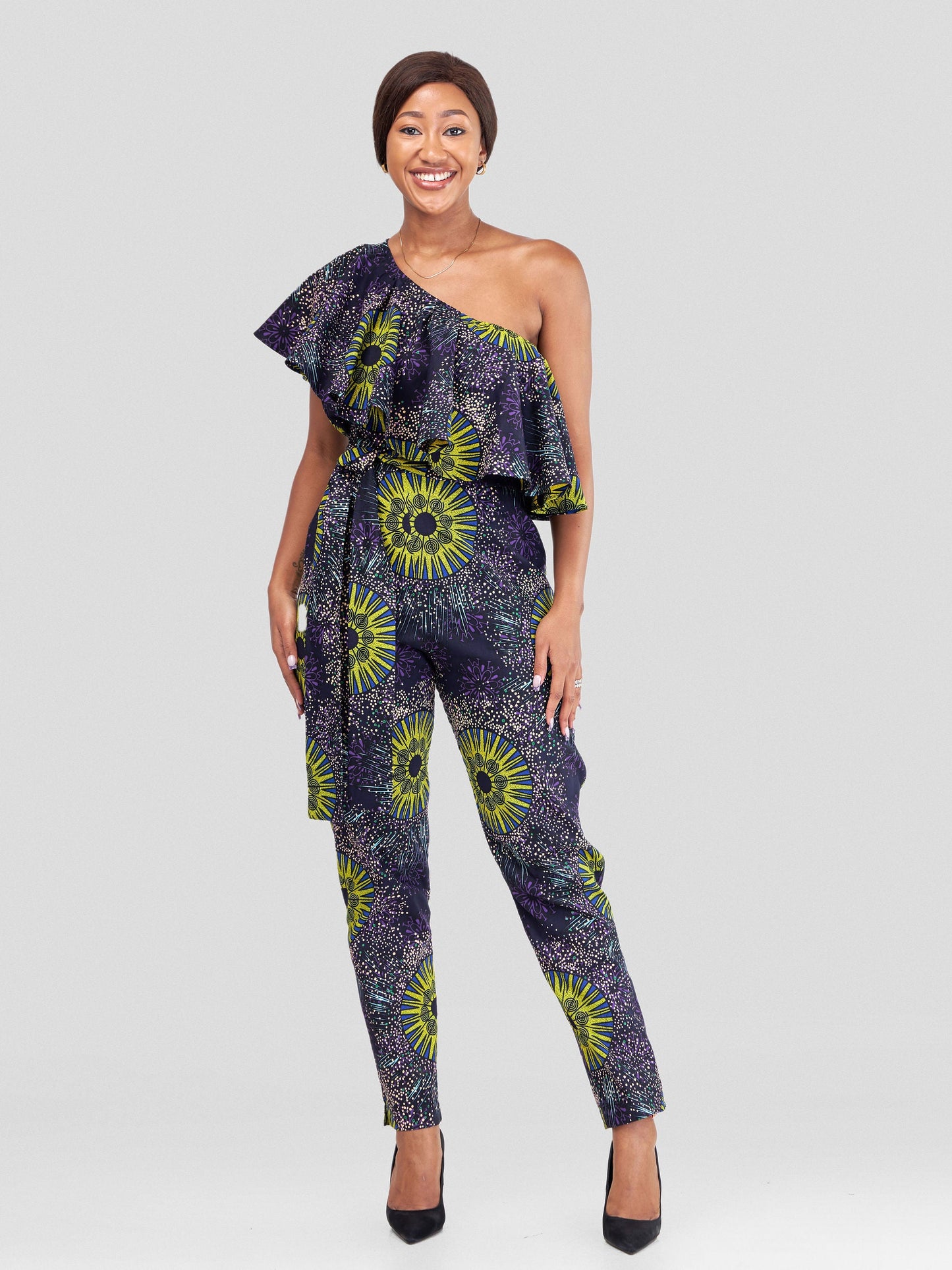 Vivo Naya One Shoulder Flounce Jumpsuit - Nyota Print