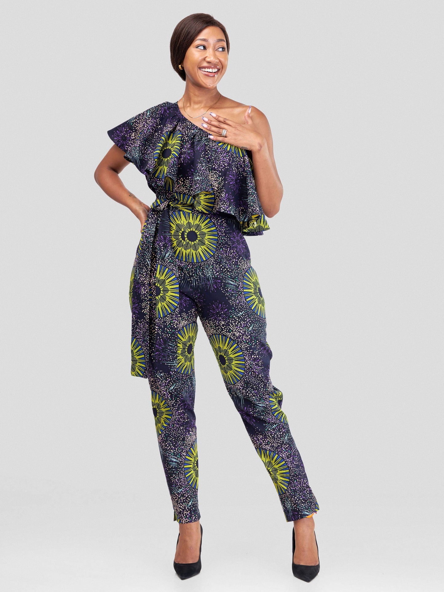 Vivo Naya One Shoulder Flounce Jumpsuit - Nyota Print