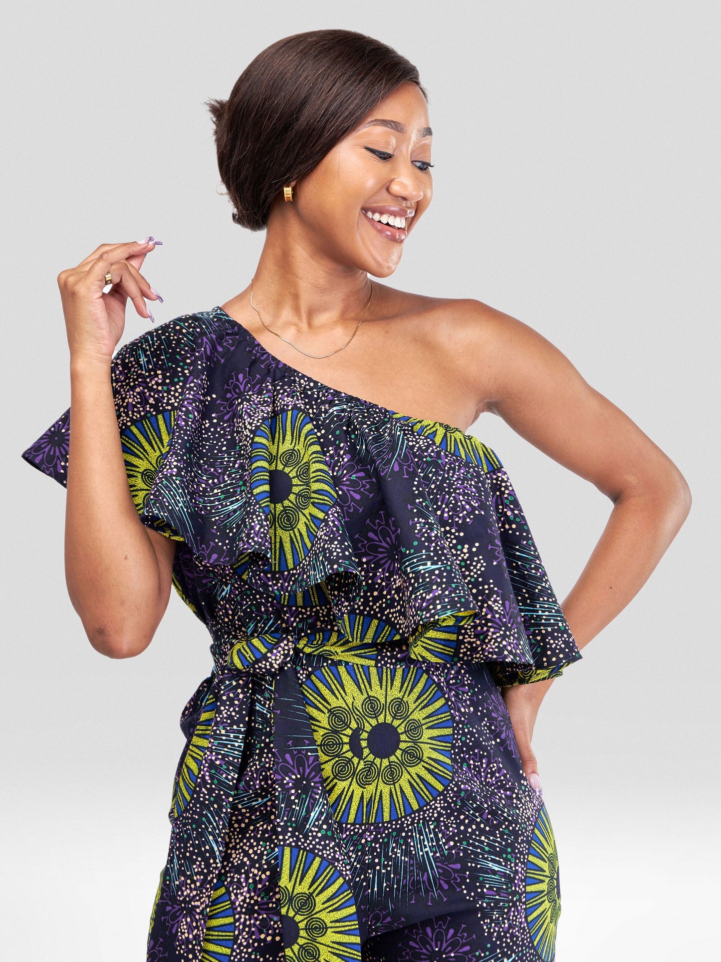 Vivo Naya One Shoulder Flounce Jumpsuit - Nyota Print