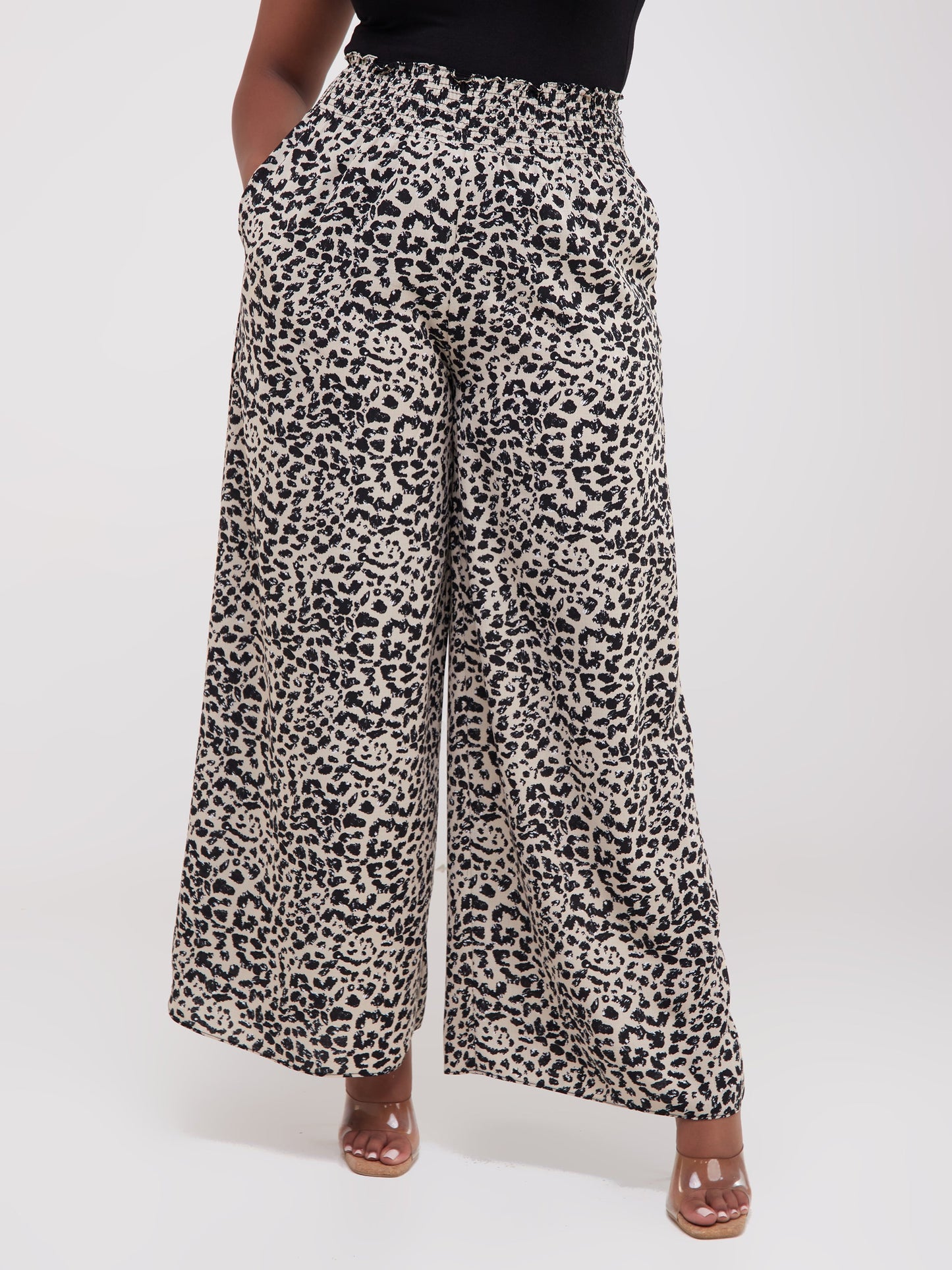Safari Naima Shirred Waist Wide Leg Pants - Black / Buttermilk Print
