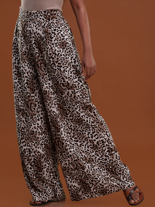 Safari Inara Crepe Wide Leg Pants - Brown Cheetah Print