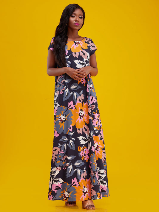 Vivo Basic Cap Sleeved Tent Maxi Dress - Pink / Navy Floral Print