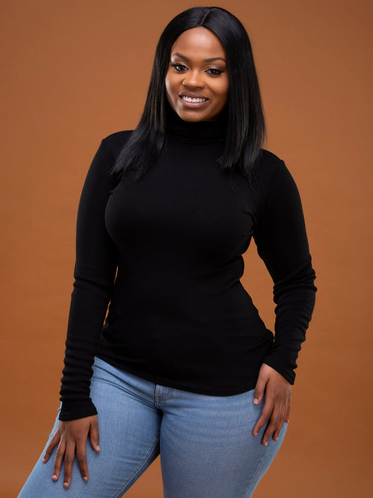 Safari Ribbed Turtleneck Top - Black