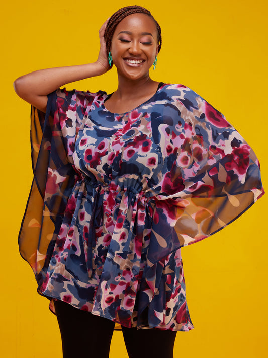Vivo Lulu Tunic Kaftan - Navy Blue / Pink Print