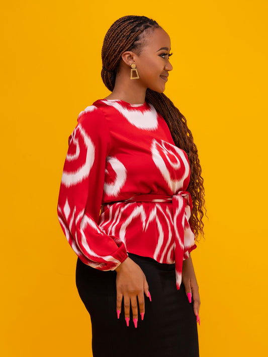 Vivo Basic Satin Bishop Sleeved Top - Red Print