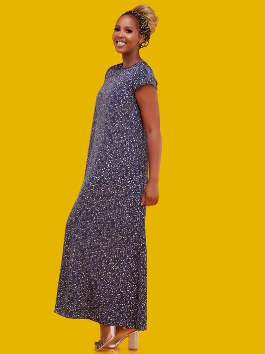 Vivo Basic Cap Sleeved Tent Maxi Dress - Royal Blue Floral Print
