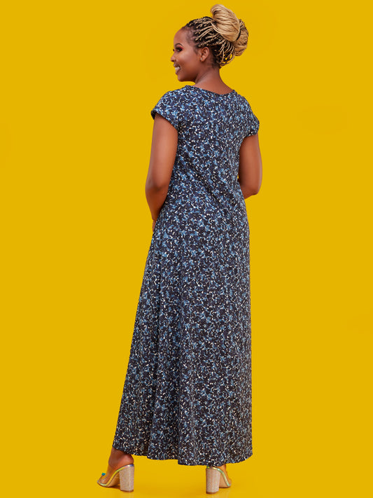 Vivo Basic Cap Sleeved Tent Maxi Dress - Light Blue Floral Print