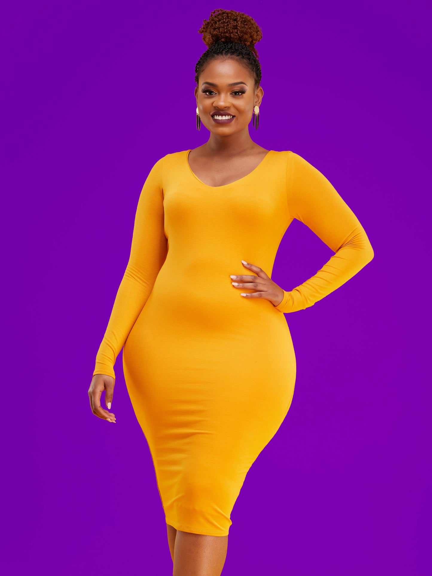 Vivo Basic Long Sleeved Double Layered Bodycon - Mustard