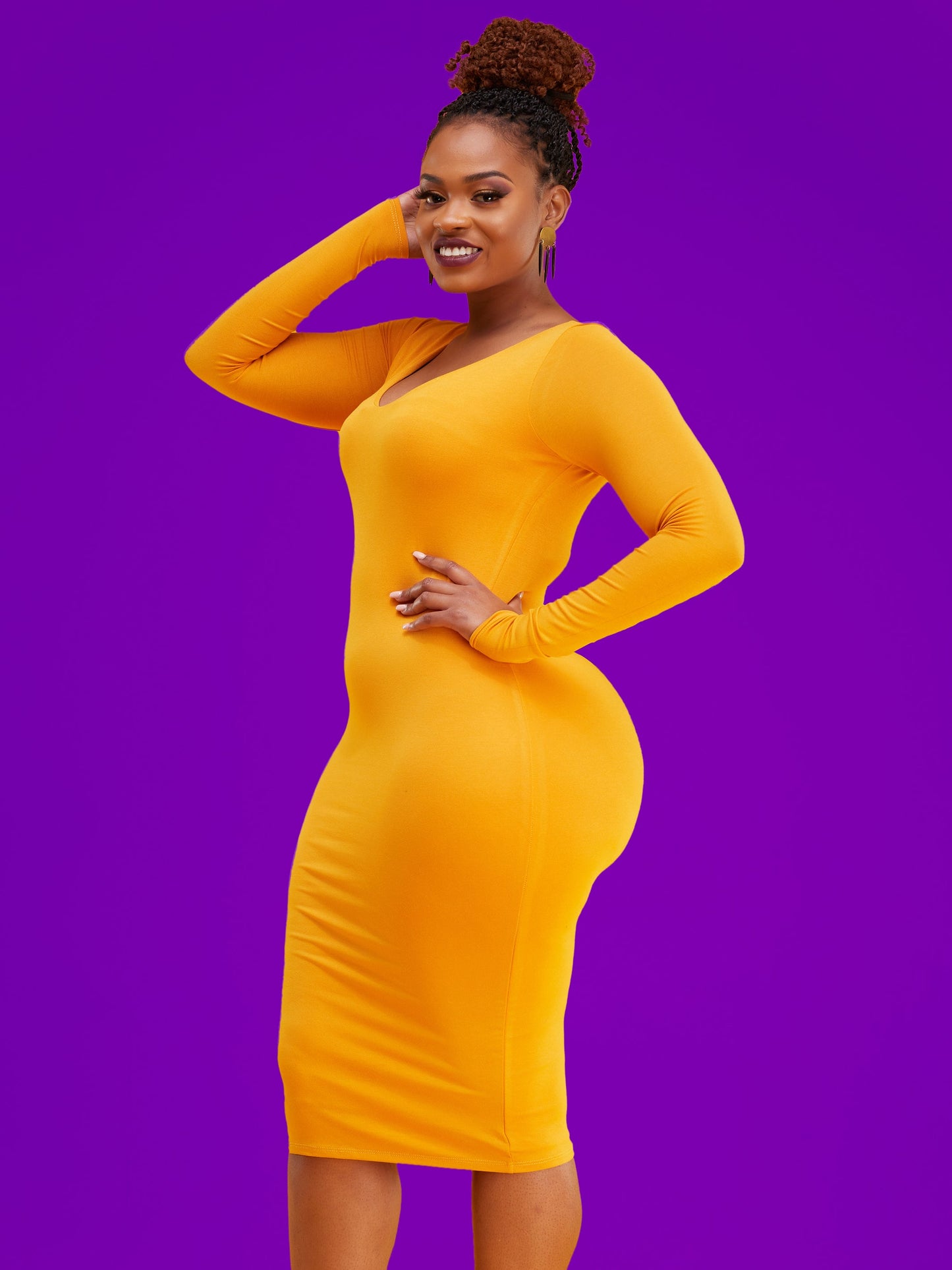 Vivo Basic Long Sleeved Double Layered Bodycon - Mustard