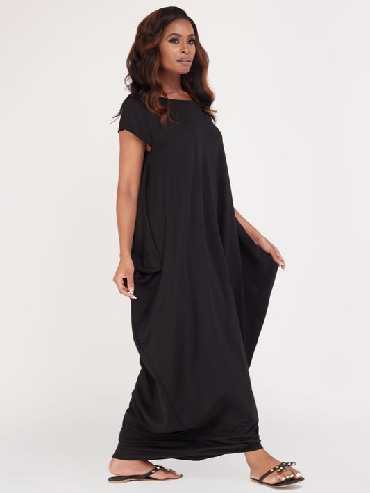 Vivo Zanzi Side Cowl Maxi Dress - Black