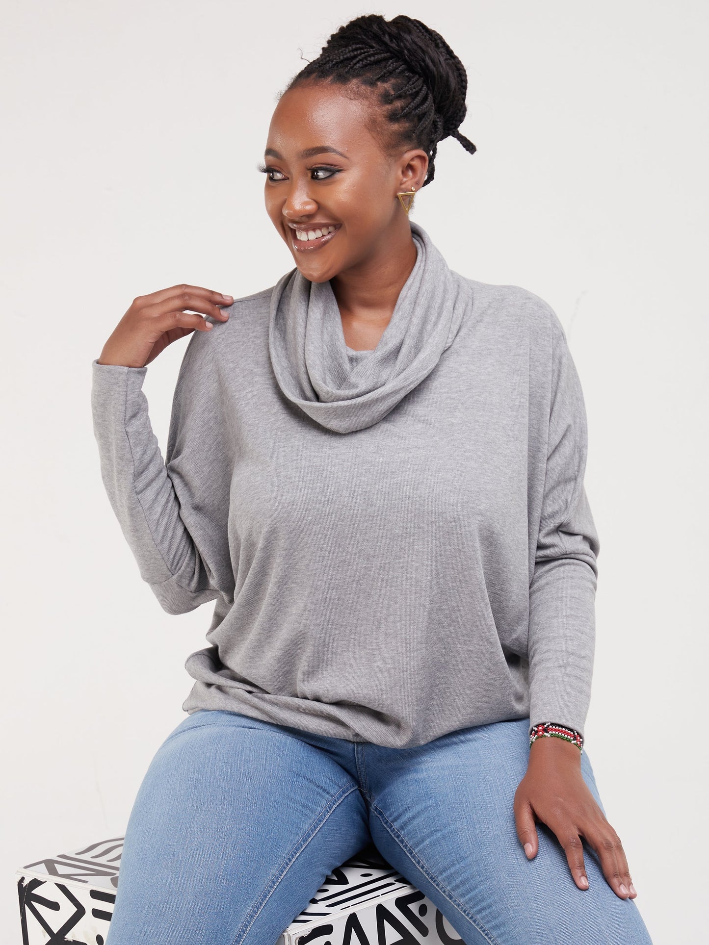 Vivo Basic Nala Dolman Cowl Sweater Top - Grey