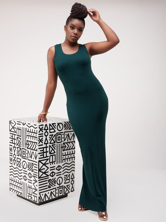 Vivo Basic Straight Maxi Dress - Dark Green