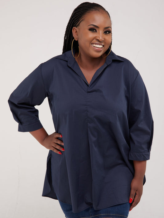 Safari Huru 3/4 Sleeved Loose Top - Navy Blue