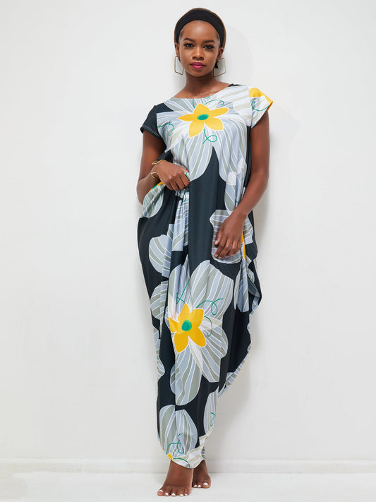 Vivo Zanzi Side Cowl Maxi Dress - Black Print