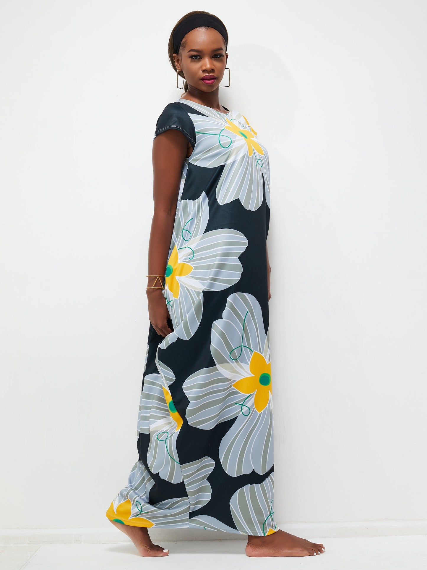 Vivo Zanzi Side Cowl Maxi Dress - Black Print