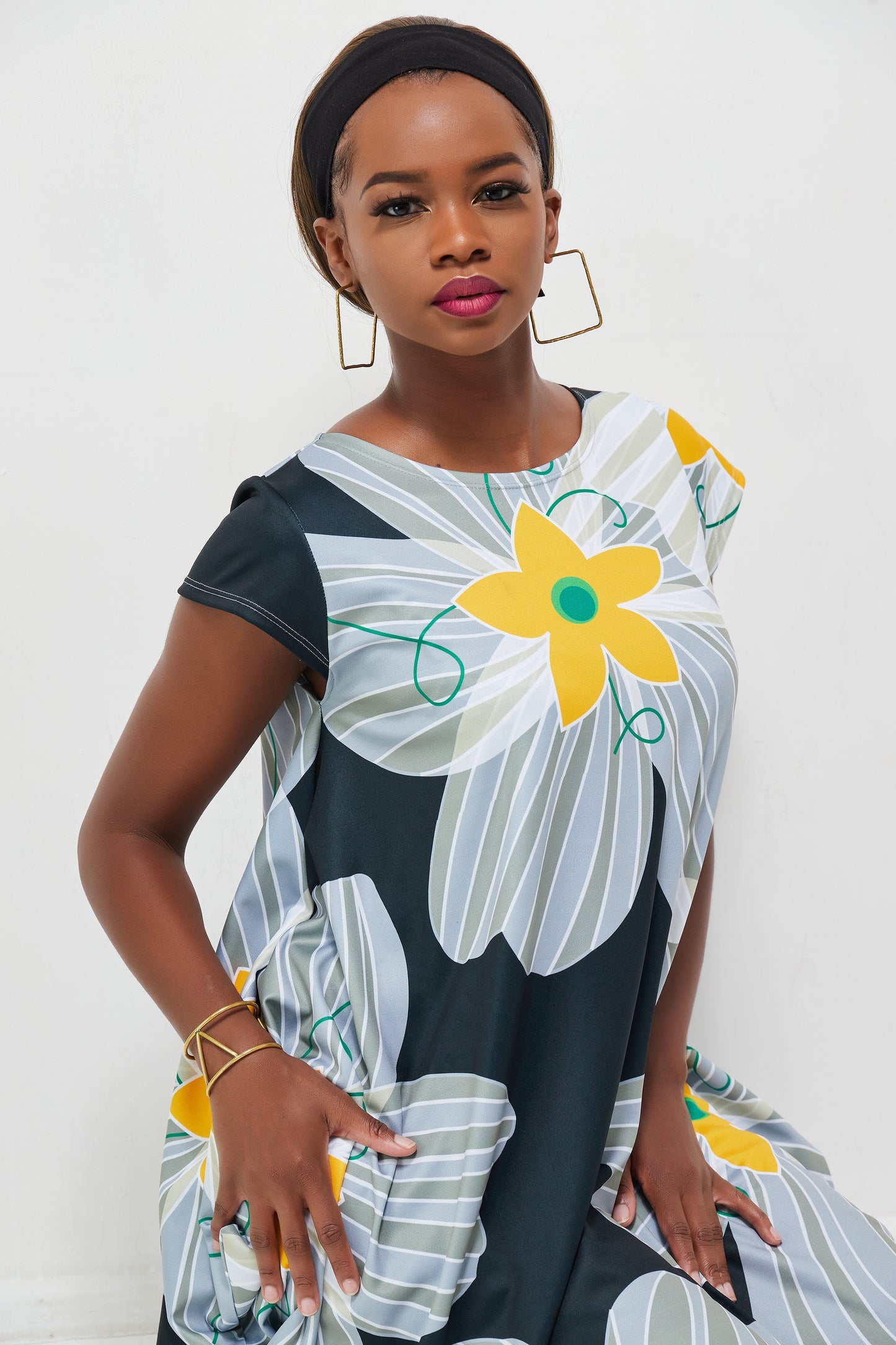 Vivo Zanzi Side Cowl Maxi Dress - Black Print