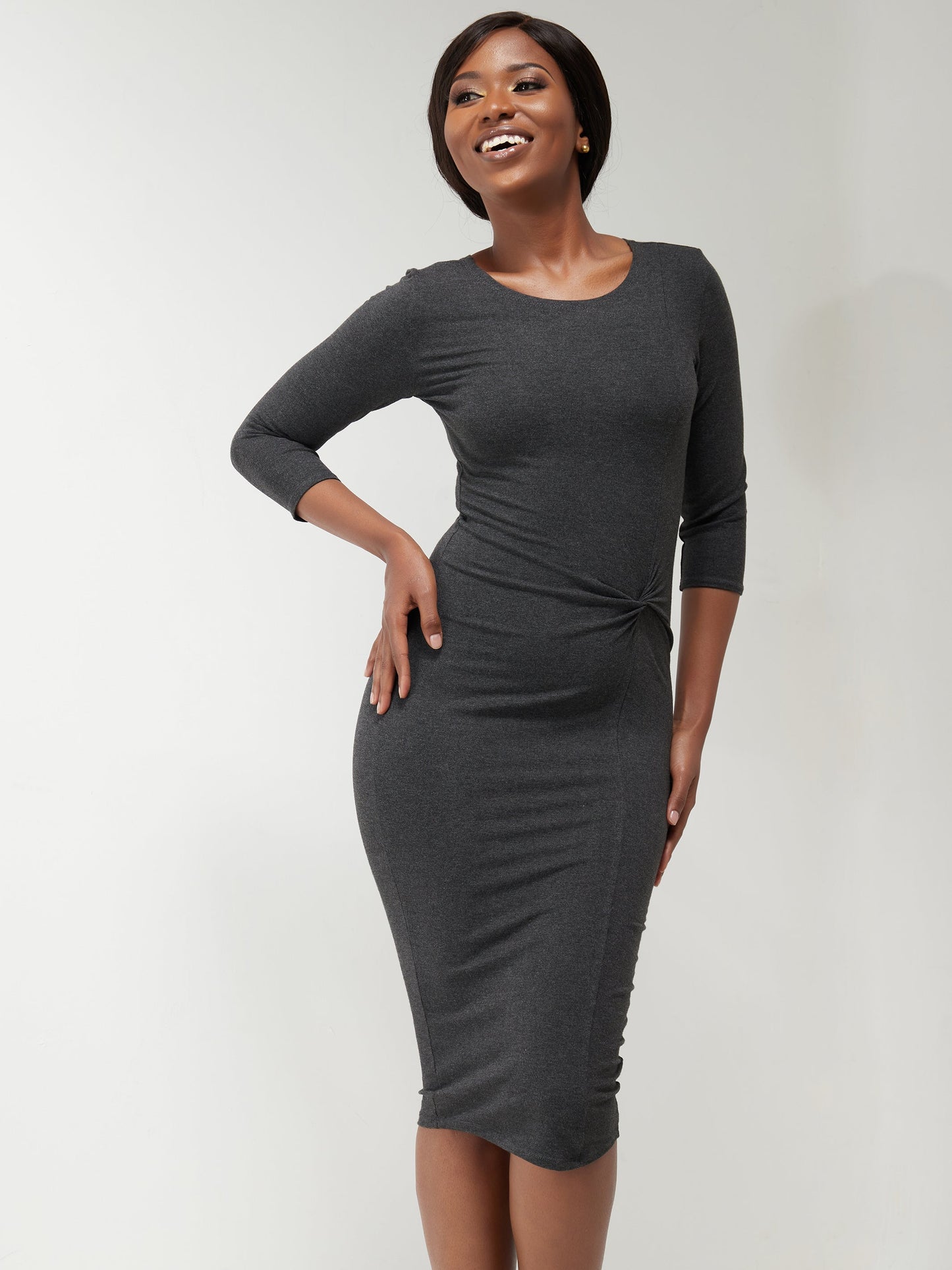 Vivo Basic 3/4 Sleeve Starknot Bodycon Dress - Grey