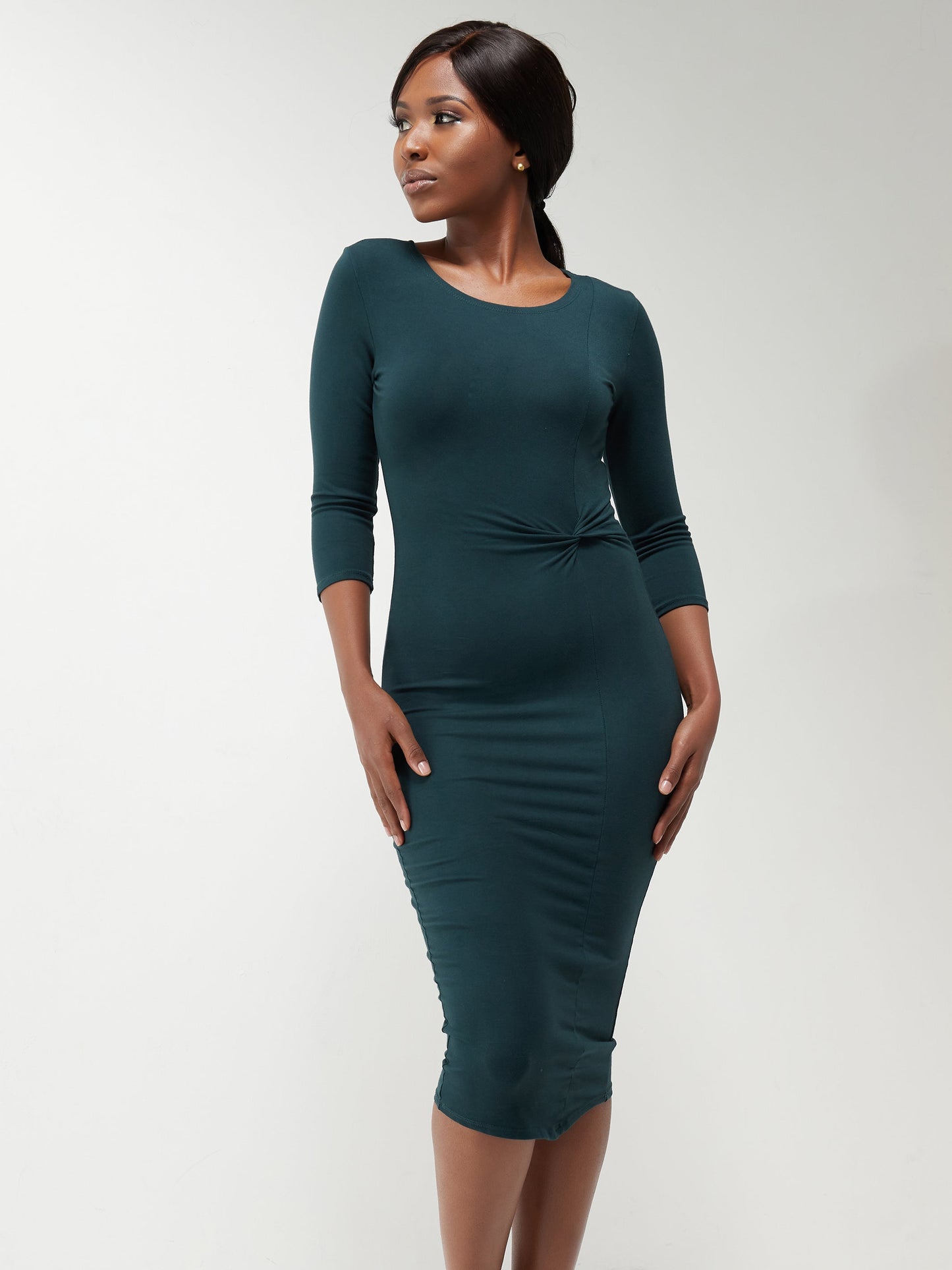 Vivo Basic 3/4 Sleeve Starknot Bodycon Dress - Dark Green