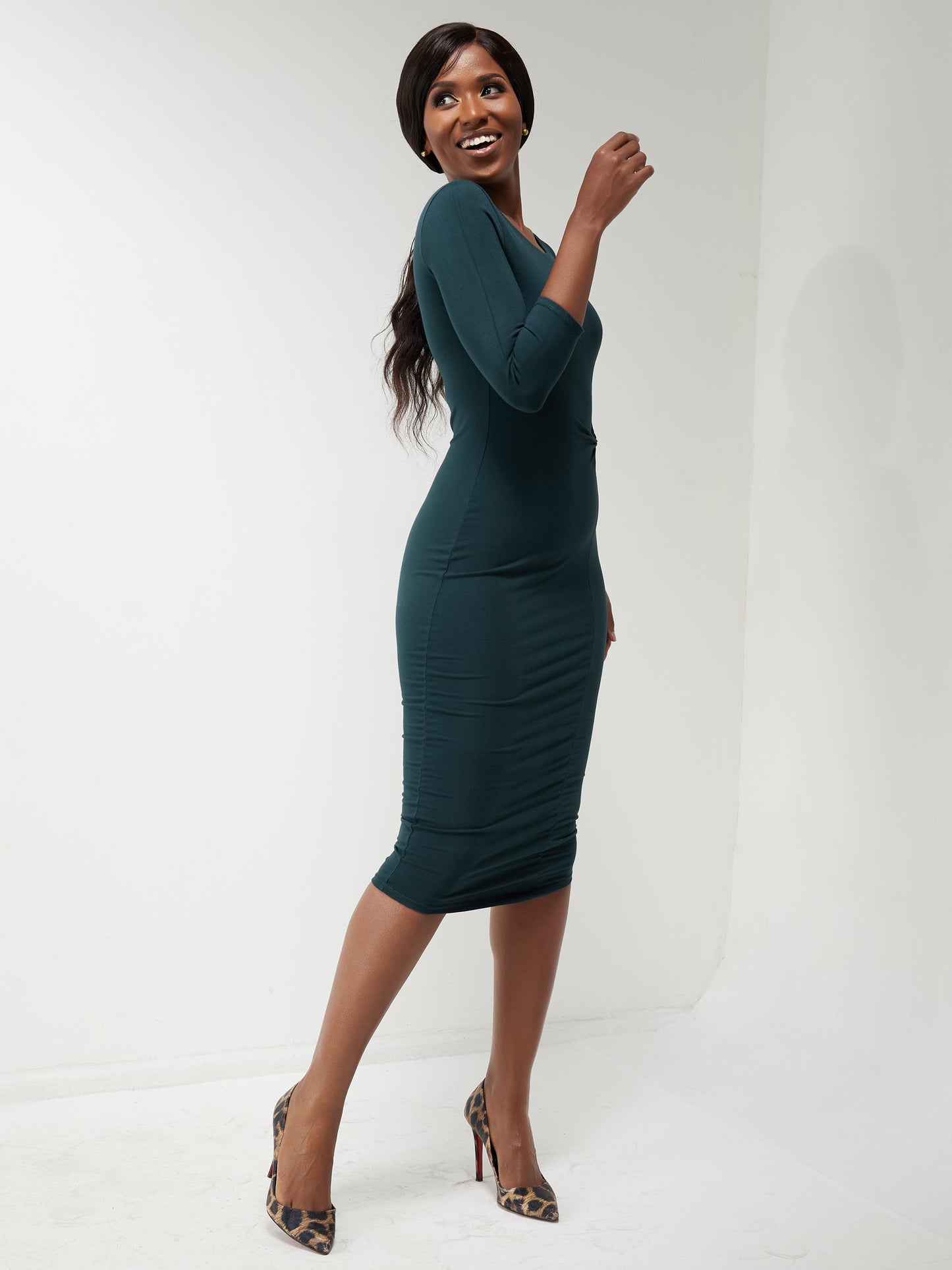 Vivo Basic 3/4 Sleeve Starknot Bodycon Dress - Dark Green
