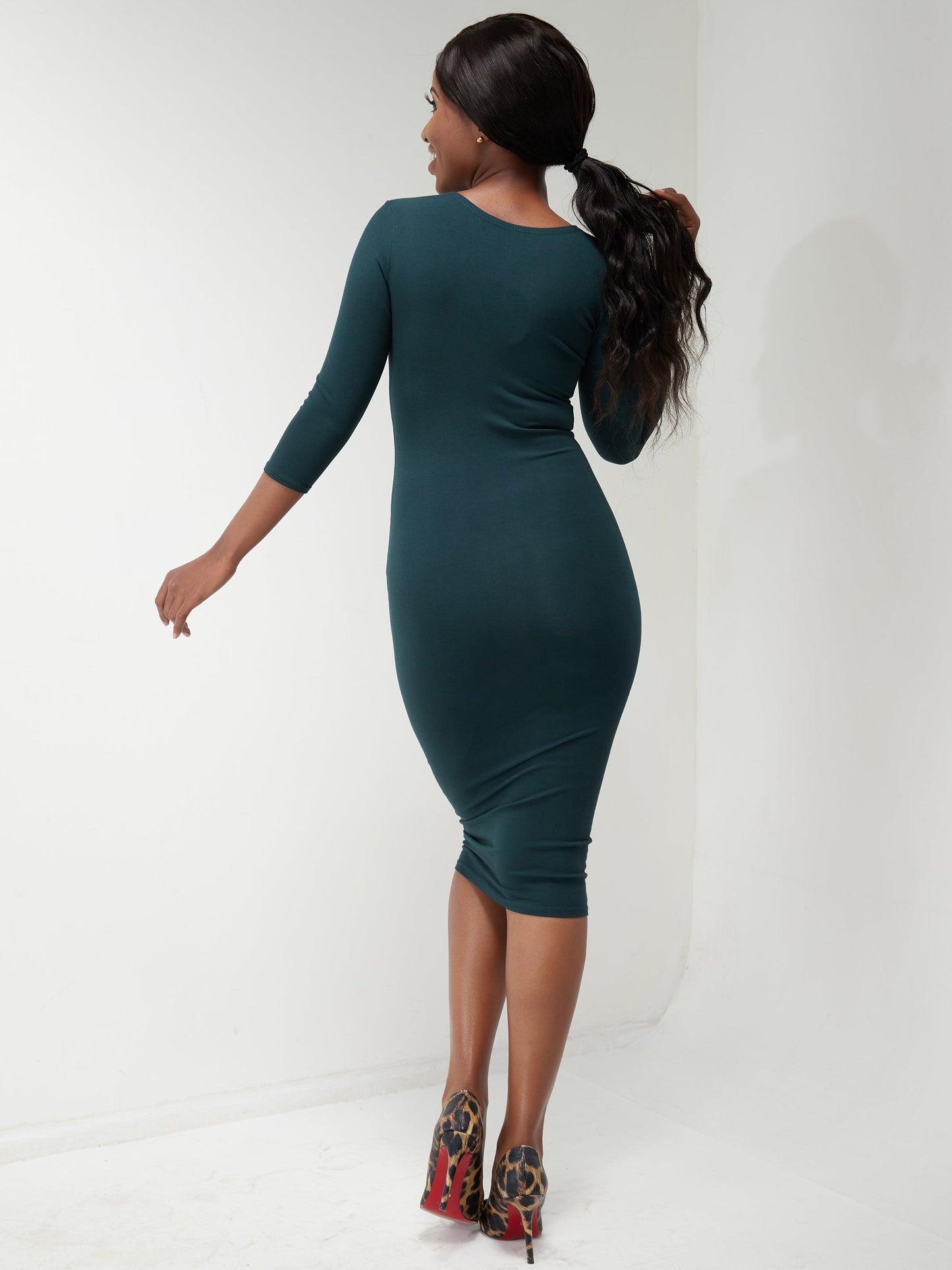 Vivo Basic 3/4 Sleeve Starknot Bodycon Dress - Dark Green