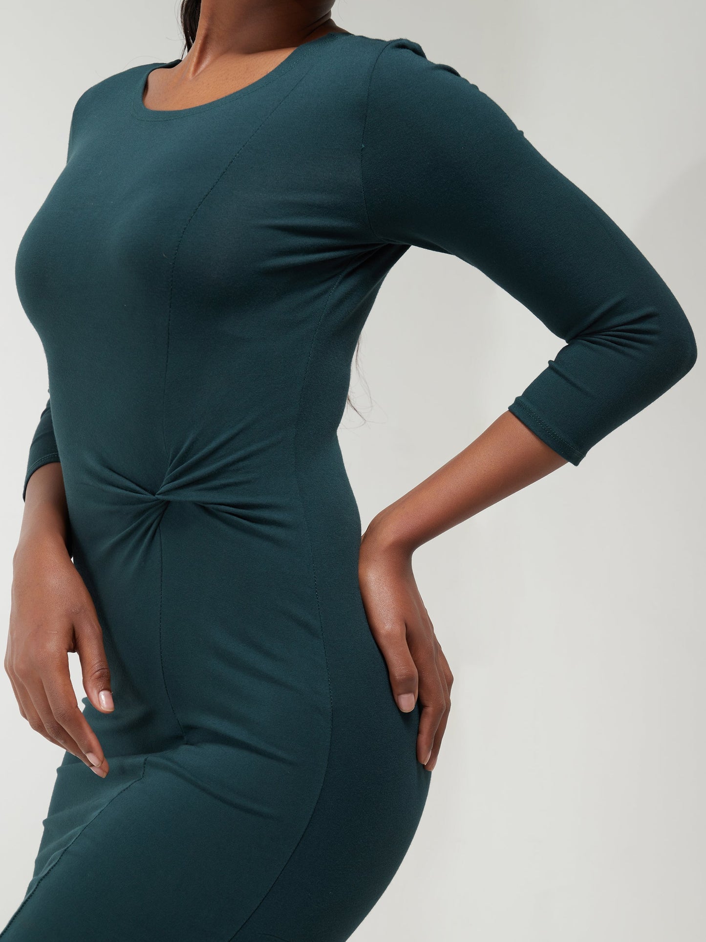 Vivo Basic 3/4 Sleeve Starknot Bodycon Dress - Dark Green
