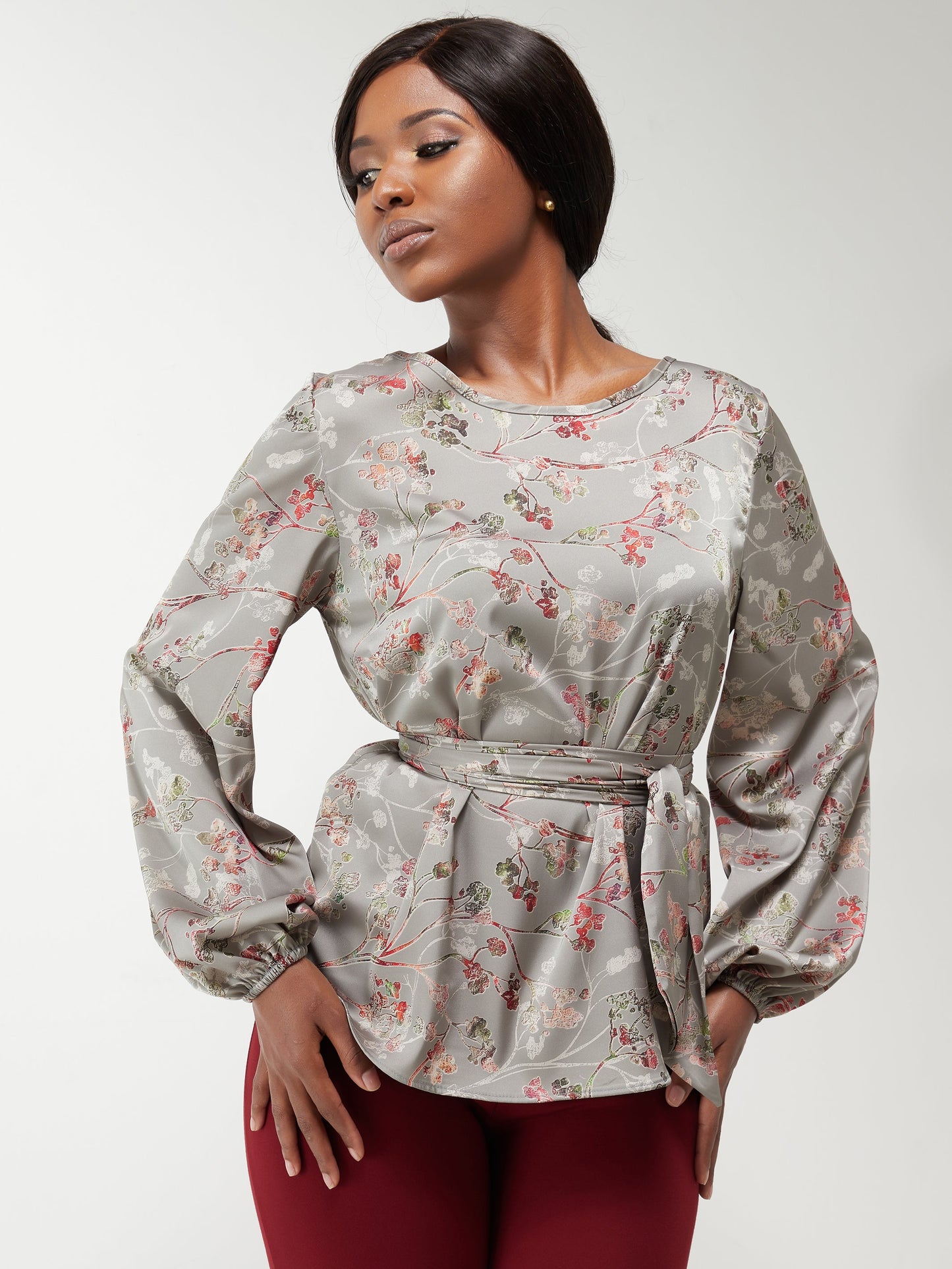 Vivo Basic Satin Bishop Sleeved Top - Grey Floral Print