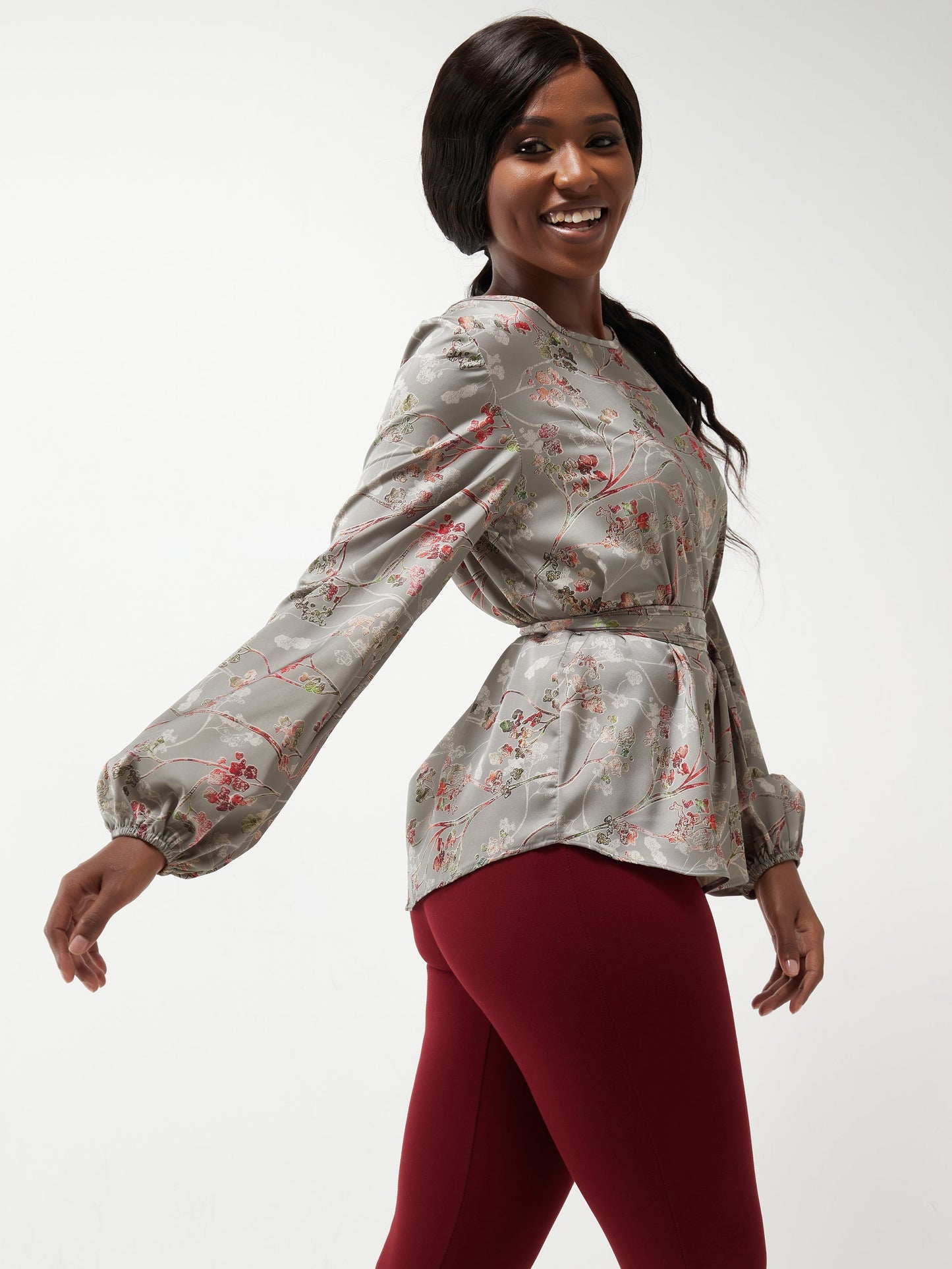 Vivo Basic Satin Bishop Sleeved Top - Grey Floral Print