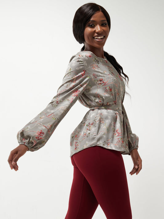 Vivo Basic Satin Bishop Sleeved Top - Grey Floral Print