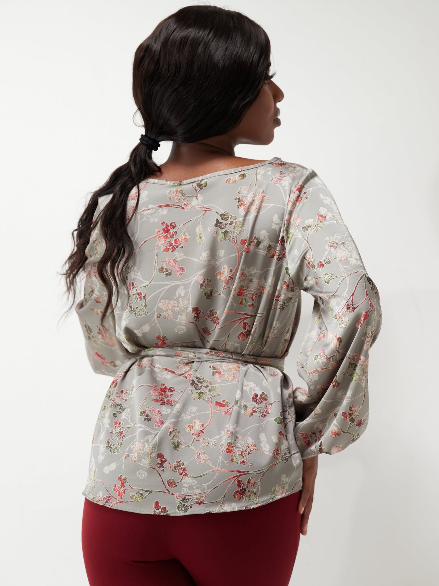Vivo Basic Satin Bishop Sleeved Top - Grey Floral Print