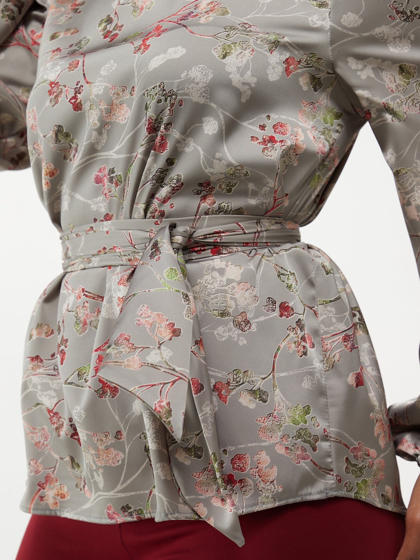 Vivo Basic Satin Bishop Sleeved Top - Grey Floral Print
