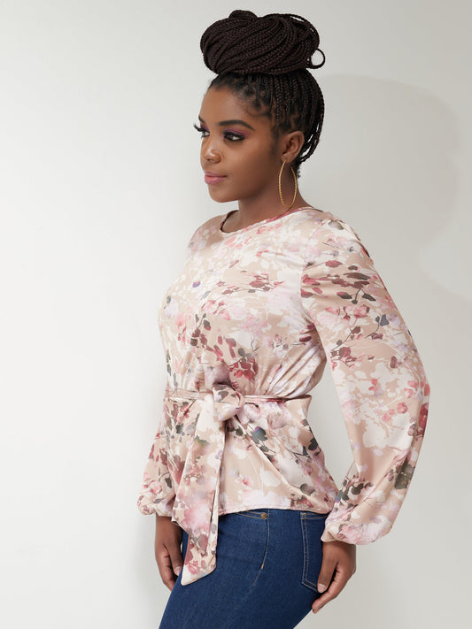 Vivo Basic Satin Bishop Sleeved Top - Buttermilk Floral Print