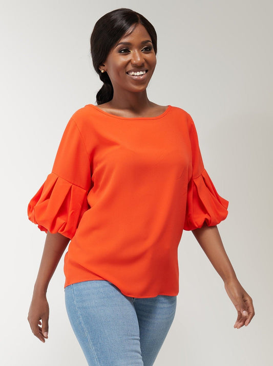 Vivo Basic Boundneck Puff Sleeve Top - Orange