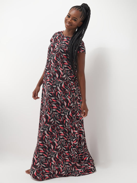 Vivo Basic Cap Sleeved Tent Maxi Dress - Black / Red Print