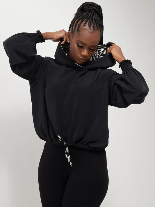 Safari Naima Crepe Drawstring Hoodie - Black / White Print