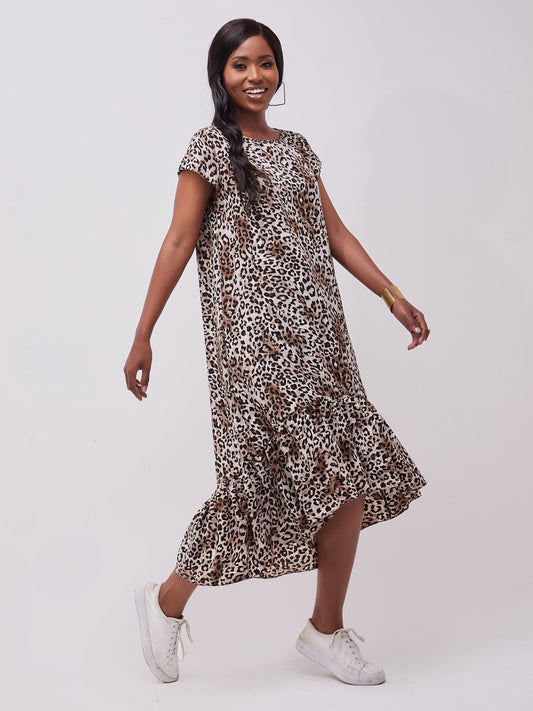 Safari Ayana Cap Sleeved High Low Tent Dress - Brown Cheetah Print