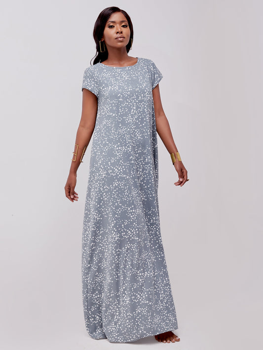 Vivo Basic Cap Sleeved Tent Maxi Dress - Grey / White Print