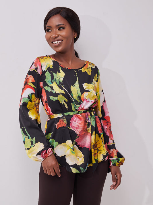 Vivo Basic Satin Bishop Sleeved Top - Black / Yellow Print