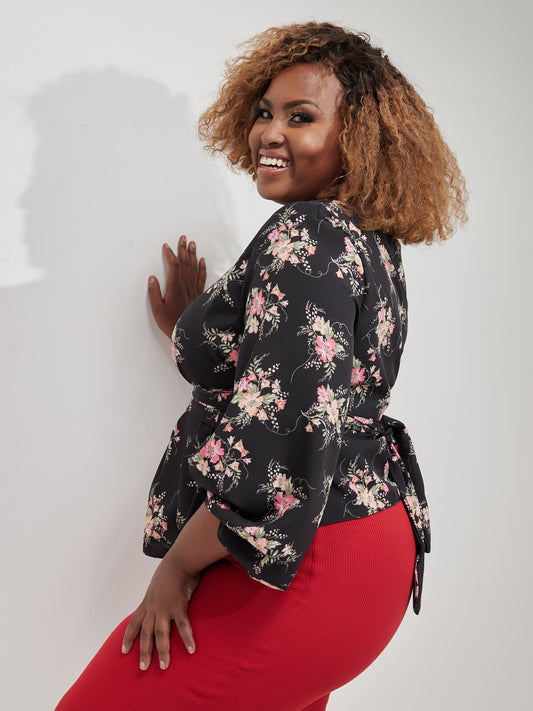 Vivo Izzy Bishop Sleeve Top - Black / Pink Print